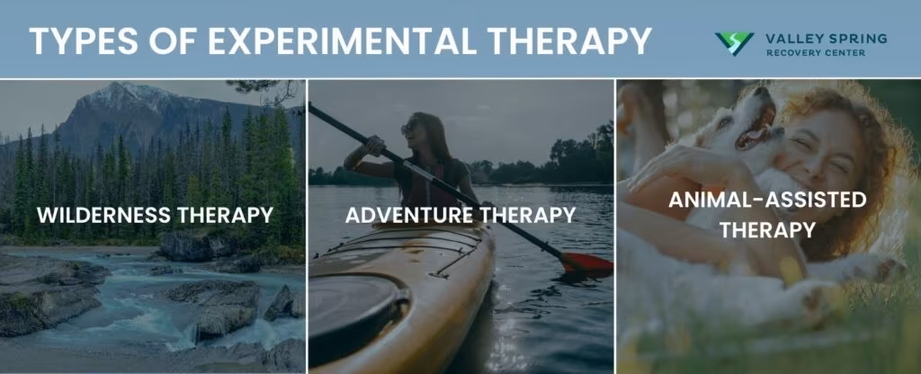 types of experiential therapy that occur in rehab infographic (Wilderness therapy, adventure therapy and animal assisted therapy