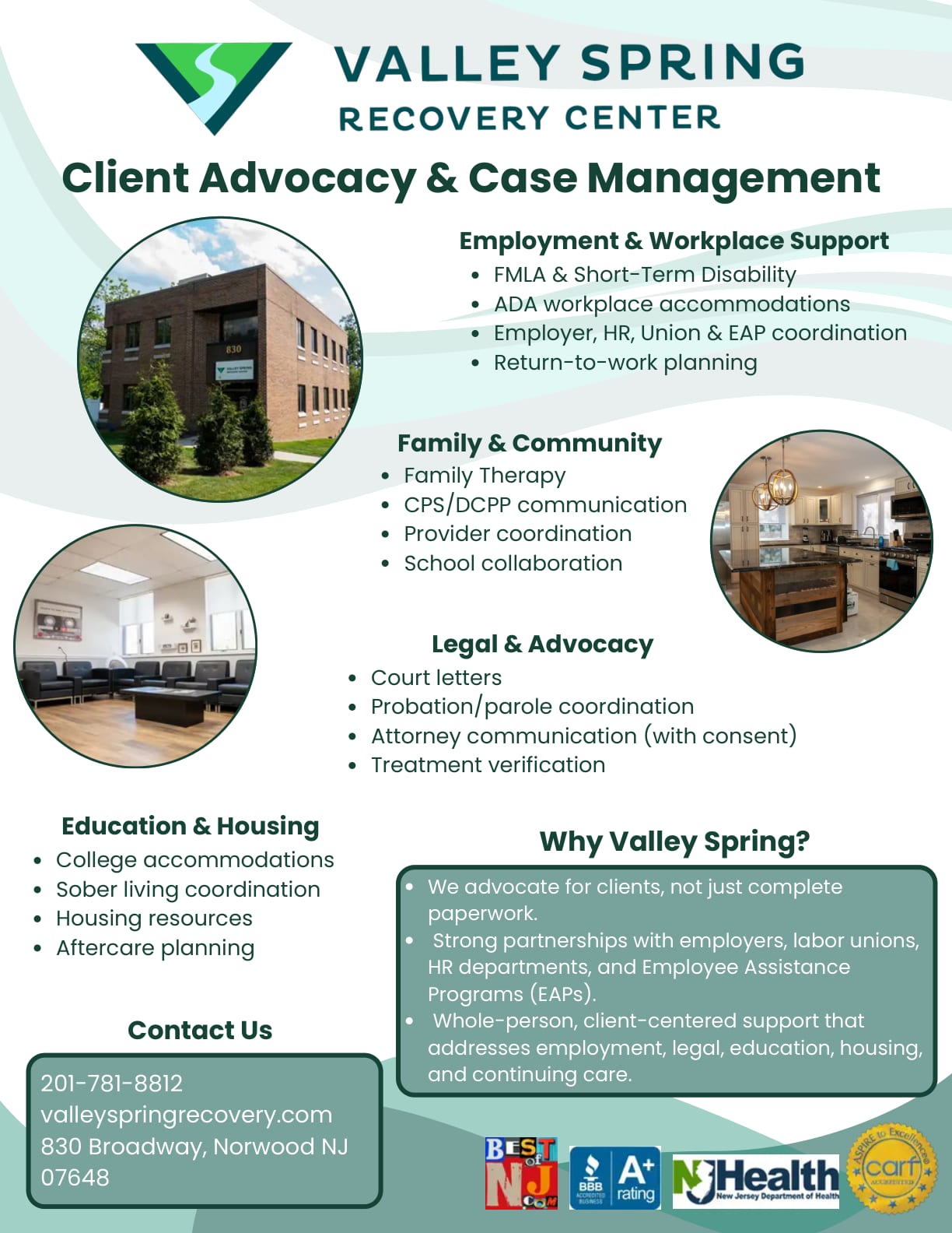 Valley Spring Recovery Center Client Advocacy and Case Management referral flyer, listing employment and workplace support, family and community, legal and advocacy, and education and housing services, with contact details for 830 Broadway, Norwood NJ