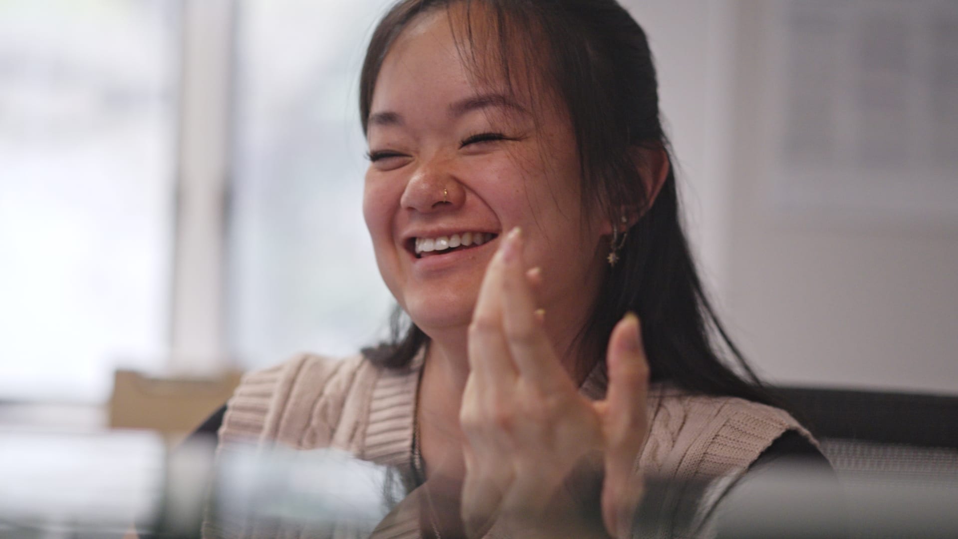 A client laughs during a group at Valley Spring Recovery Center in Norwood, NJ
