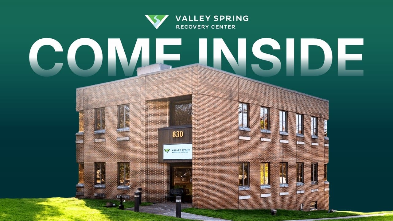Poster frame for the Valley Spring Recovery Center film Inside Our Norwood, NJ Treatment Center, showing the facility at 830 Broadway with CEO Brian Cellary, COO Michael O'Sullivan and an alumnus