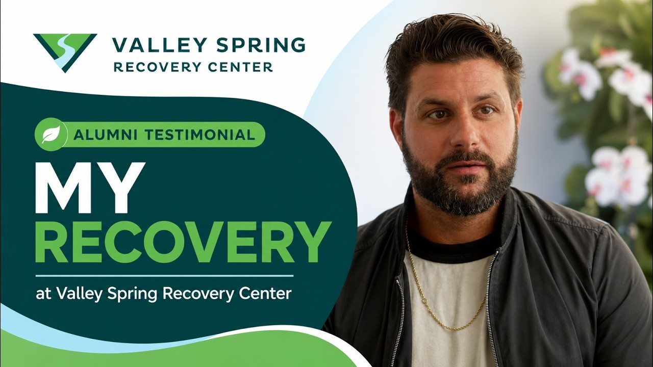 Title card for a Valley Spring Recovery Center alumni testimonial, showing a bearded man in a dark jacket beside the words My Recovery