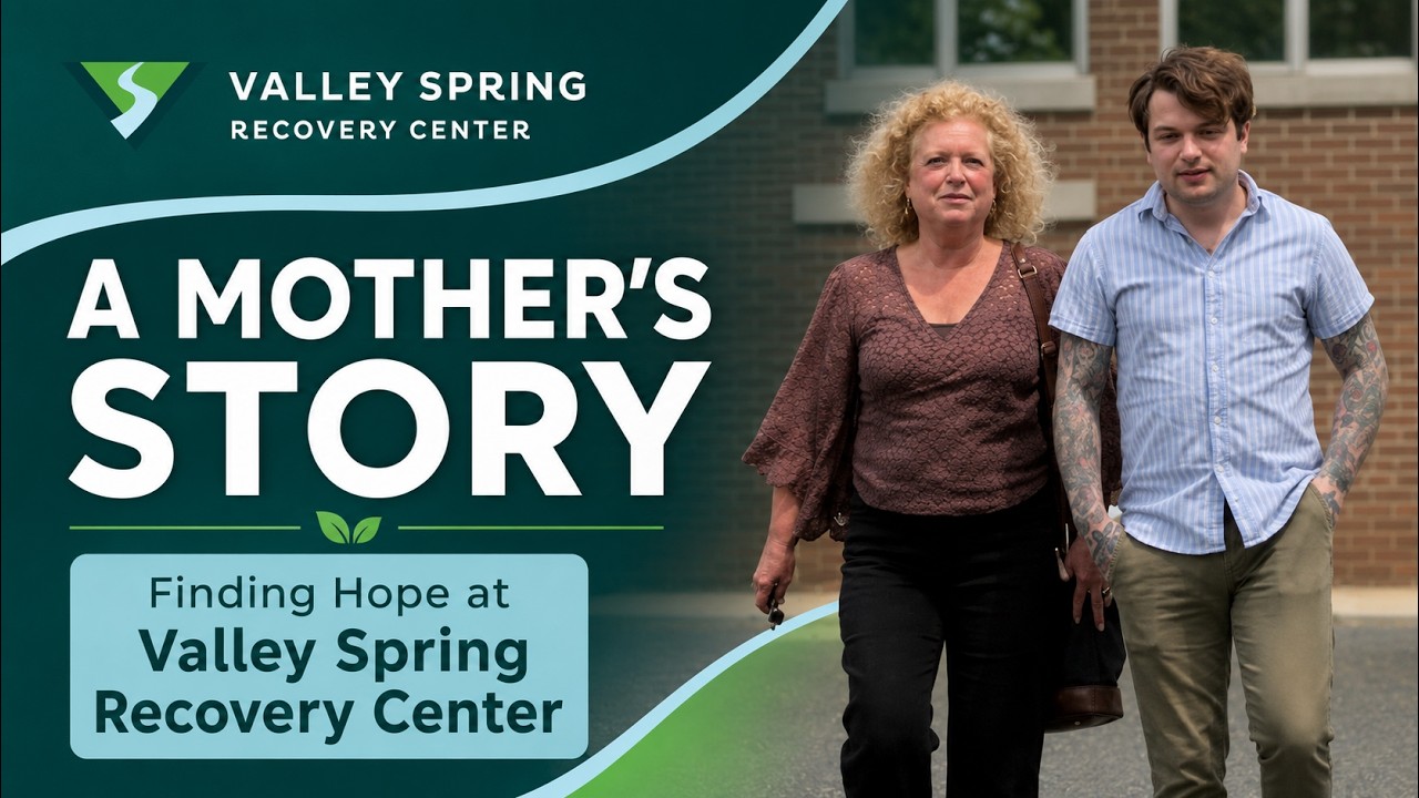 Title card for a Valley Spring Recovery Center family testimonial, showing a mother and her adult son walking together beside the words A Mother's Story