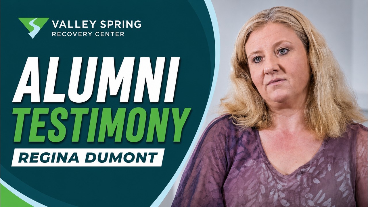 Title card for a Valley Spring Recovery Center alumni testimony, showing Regina Dumont beside the words Alumni Testimony Regina Dumont