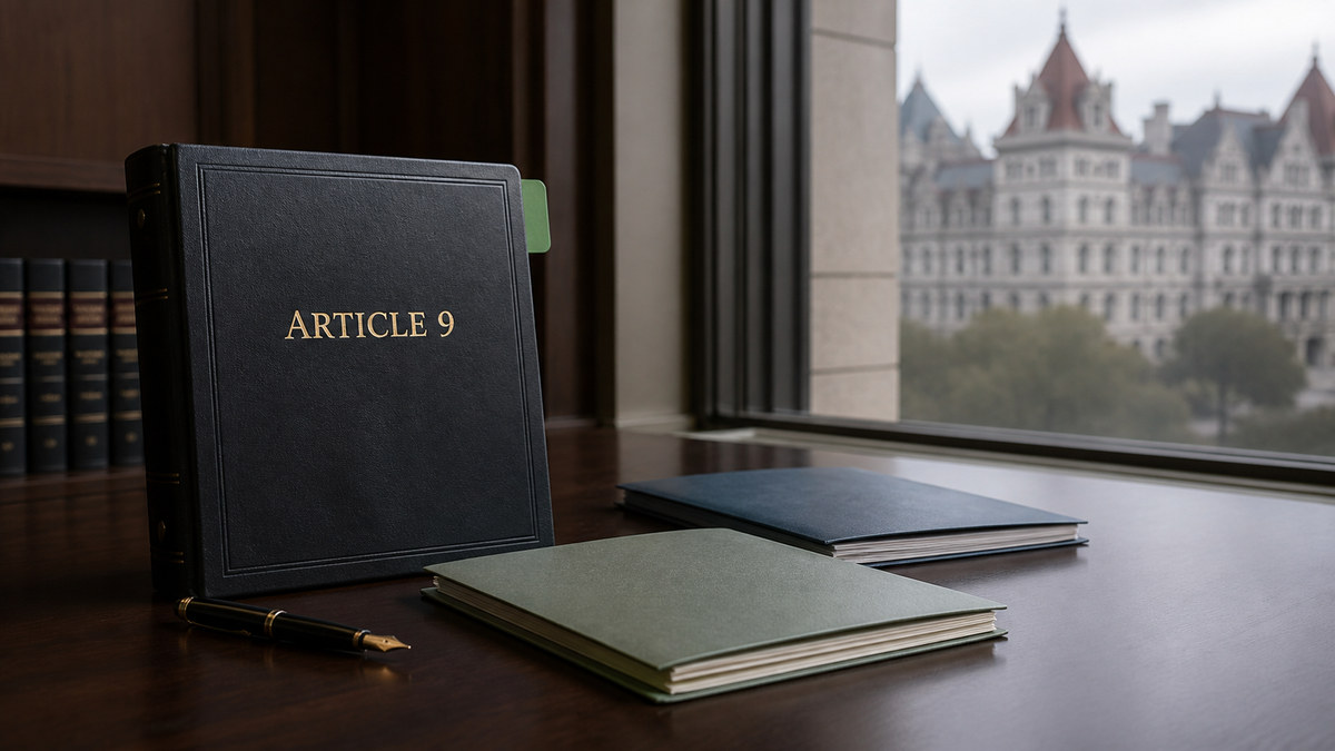 Editorial illustration of an Article 9 law binder and separate certification folders with New York State government architecture in the background.