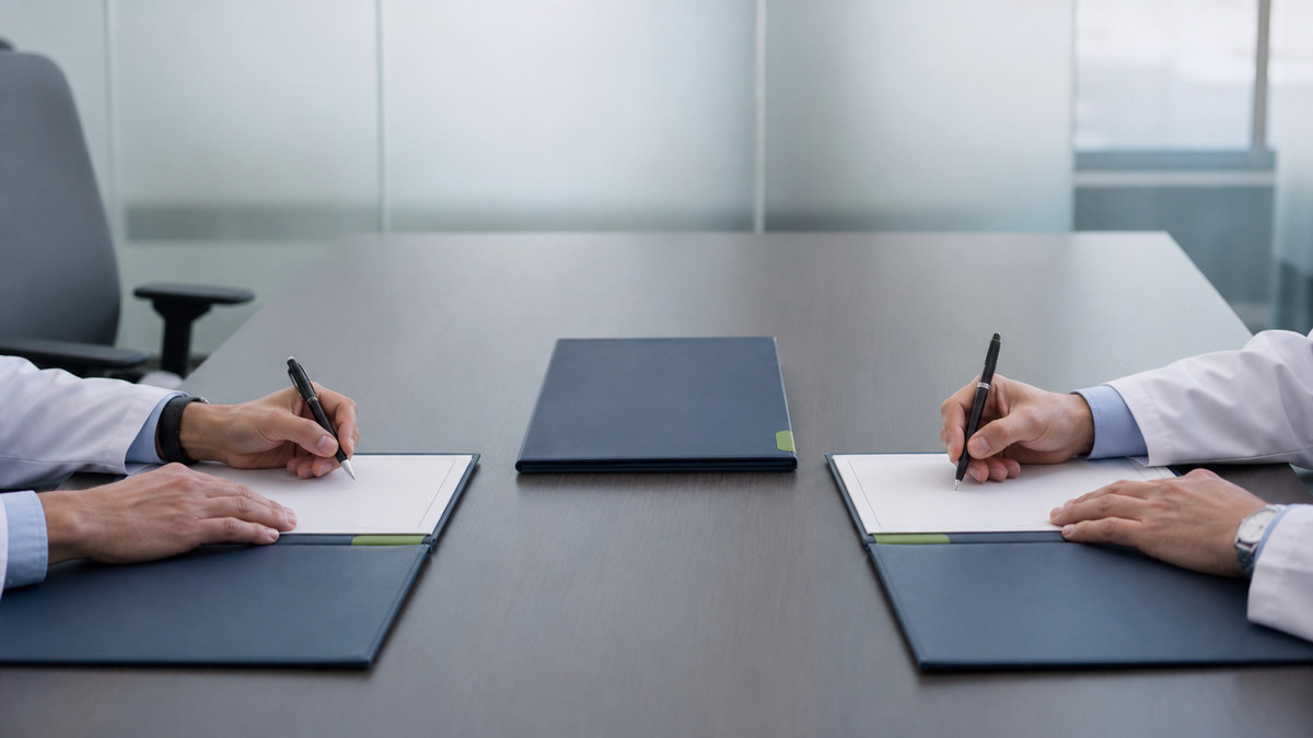 Editorial illustration of two clinicians independently completing separate certification documents for a Section 9.27 admission review.