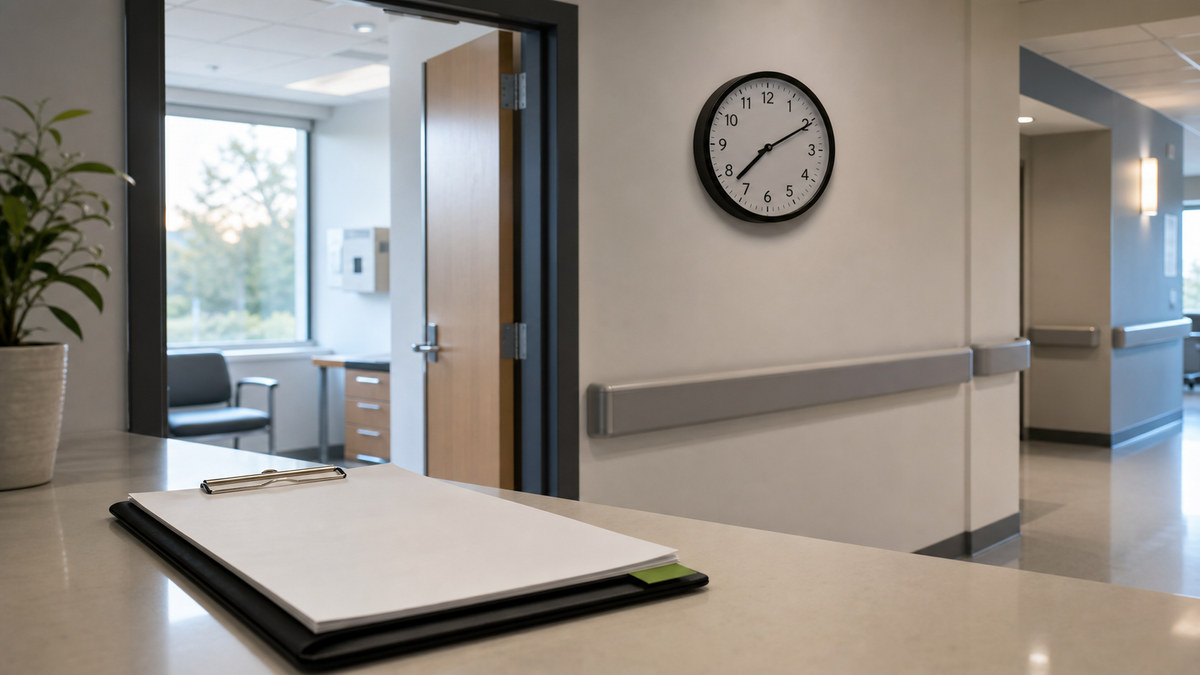 Editorial illustration of a quiet hospital assessment area, review clipboard, and wall clock representing time-limited Section 9.39 review.