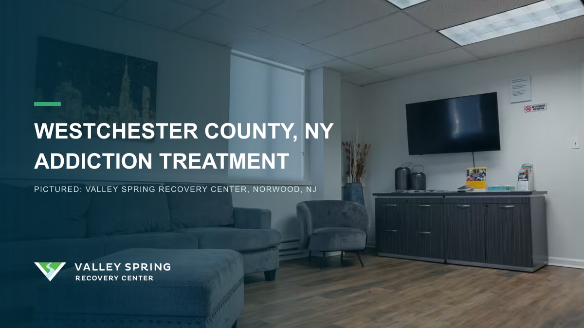 Lounge with a gray sofa, ottoman, and wall television inside Valley Spring Recovery Center in Norwood, New Jersey, branded for Westchester County, New York addiction treatment
