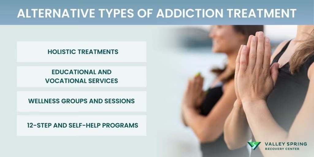 Alternative addiction treatment options including holistic care, vocational services, wellness groups and 12-step programs