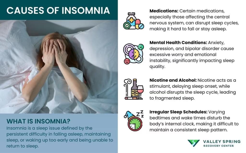 Causes of insomnia including stress, mental health conditions, substances, and schedule disruption
