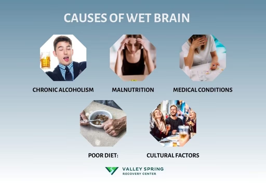 Alcohol-related malnutrition and impaired thiamine absorption that cause wet brain
