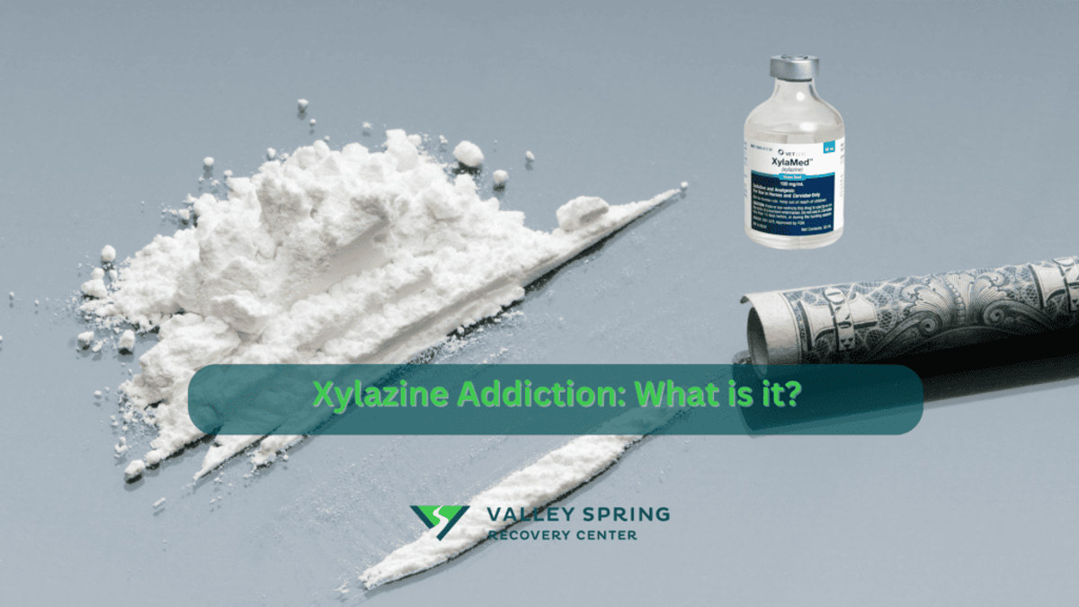Xylazine powder and a veterinary vial with the title Xylazine Addiction: What Is It and the Valley Spring Recovery Center logo