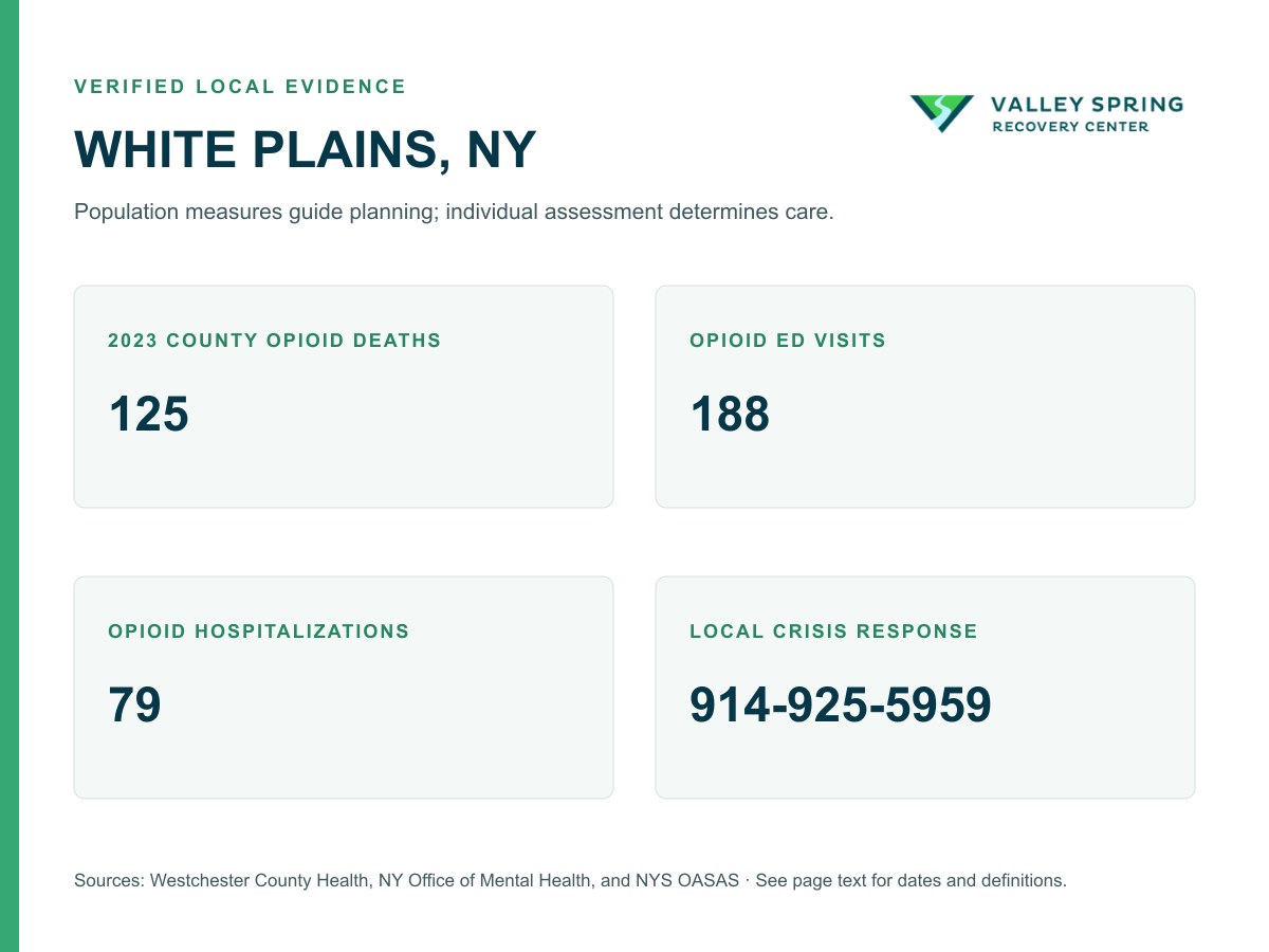 White Plains and Westchester County substance use disorder evidence showing population, opioid deaths, emergency visits, hospitalizations, and the verified county crisis number