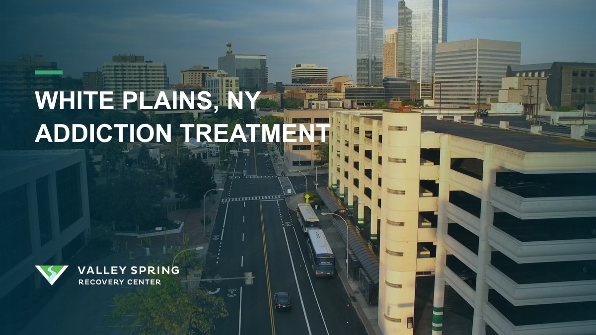 White Plains, New York skyline with Valley Spring branding for addiction treatment, outpatient rehabilitation, and substance use disorder recovery