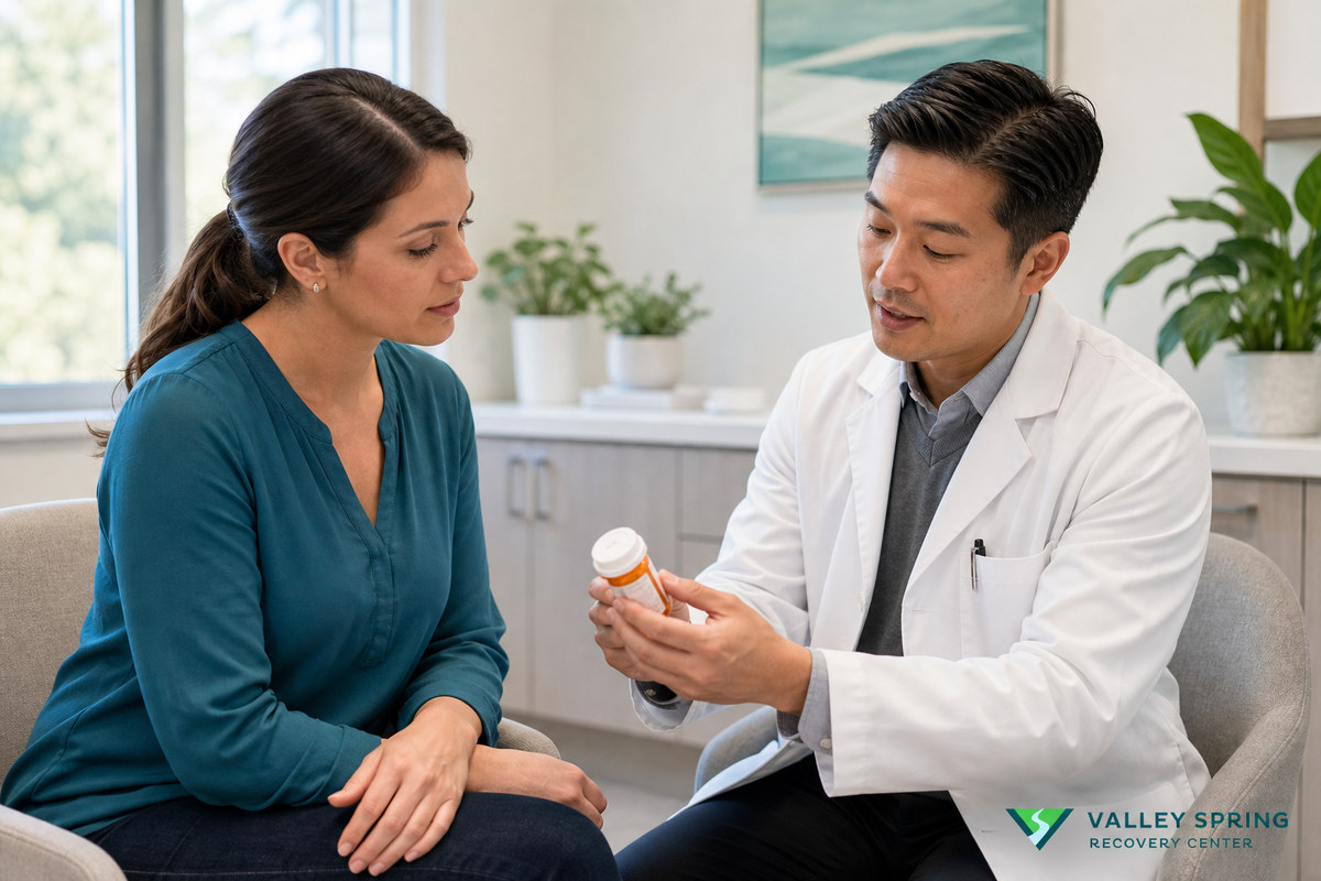Medication review and clinical supervision Clinician and patient reviewing medication use in a clinical setting
