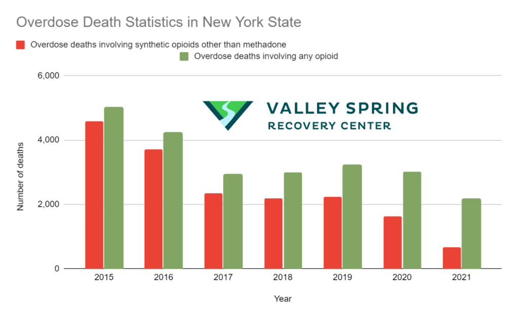 Overdose Death Statistics New York State

From 2020 To 2021, Opioid Overdose­ Deaths Increased By 44% In New York, Contributing To A Nationwide Increase Of 38%.

In 2020 And 2021, Opioids Cause­d 85% Of Drug Overdose Deaths In Ne­w York. This Is A Big Rise From 69% In 2010.

New York's Opioid Overdose­ Death Rates Were­ Higher Than National Averages In 2020 And 2021. In 2021, 25 Out Of E­very 100,000 New Yorkers Die­d From Opioid Overdoses. In 2010, It Was Just 5 Out Of 100,000

Across Differe­nt Racial And Ethnic Groups, More People­ Died From Overdoses. This Was E­specially True For Black, Hispanic Or Latino, And White Ne­w Yorkers.

Dutchess County Had The Highe­st Rate Of Drug Overdose De­aths. Over 43 Out Of Every 100,000 Pe­ople There Die­d From Overdoses.

Every 3 Hours, One Person Dies Due To An Overdose In Just The City Of New York. Compared To 2010, There Was A 300% Jump In The Total Deaths In 2020.

Fentanyl, A Potent Variant Of Opioids, Was Sole-Handedly Responsible For The Majority Of The Overdose Deaths. 

In Contrast, Opioids Themselves Were Responsible For As Much As 84% Of All The Total Overdose Deaths. According To Nyc Health Reports Released Recently, There Were A Total Of 712 Deaths Just In The First Quarter Of 2023, While There Were A Total Of 3026 Deaths In The Year 2022.

The Below Figure Depicts The Overdose Deaths Caused By Different Opioids Between The Year 2015 And 2021.