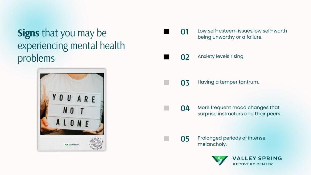 The Symptoms Of Mental Illness Include Sadness Or Low Mood, Fear And Worry, Mood Swings, Less Social Interactions, Changes In Sleep Patterns, And Hallucinations. 

These Symptoms Are Described Below. 

Sadness Or Low Mood: A Constant Feeling Of Sadness Can Occur That Leads To A Loss Of Interest In Daily Activities Like Work, Education, Or Meeting Friends. Depressive Sadness Can Last Longer Than 2 Weeks And Up To Months And Is Mainly Caused By Stressful Life Events. 

Fear And Worry: Episodic Feelings Of Excessive Fear, Anxiety, And Occasional Panic Attacks Can Occur Which Are Hard To Control. These Feelings Can Interfere With Daily Activities And Cause Physical Symptoms Like Increased Heart Rate And Sweating. They Are Usually Triggered By Specific Phobias Or Stressful Situations. 

Mood Swings: Mood Swings Refer To Sudden And Extreme Fluctuations In Mood That Cause Abnormal Behaviors Which Can Affect A Person'S Relationships, Job Performance, And Overall Quality Of Life. Stress, Sleep Deprivation, And Sad Experiences Can Trigger Mood Swings. 

Less Social Interactions: A Major Decrease In Engaging With Friends And Family Can Occur Due To Prolonged Mental Illnesses. This Can Lead To Feelings Of Isolation, Loneliness, And Depression That Can Last For Months. Social Anxiety Or Sad Events Are Factors That Trigger This Symptom. 

Changes In Sleep Patterns: Alternation Of Sleeping Patterns And Insomnia Are Also Major Symptoms Of Any Mental Disorder. It Can Affect Your Physical Health, Drain Energy Levels, And Irritability. These Changes In A Person’s Sleep Cycle Can Last For Multiple Days, And They Are Usually Triggered Due To Stress Or Trauma. 

Hallucinations: Hallucinations Refer To Believing Things That Are Not True And Seeing Things That Are Not Even Present. It Can Lead To Strange Behaviors And Difficulty In Differentiating Reality From Imagination, Which Is Why Hallucinations Should Be Given Immediate Medical Attention. They Are Normally Caused By Substances, Fever, Stress, And Fatigue.

03
Having A Temper Tantrum.
Low Self-Esteem Issues,Low Self-Worth Being Unworthy Or A Failure.
02
Anxiety Levels Rising.
04
More Frequent Mood Changes That Surprise Instructors And Their Peers.
05
Prolonged Periods Of Intense Melancholy.