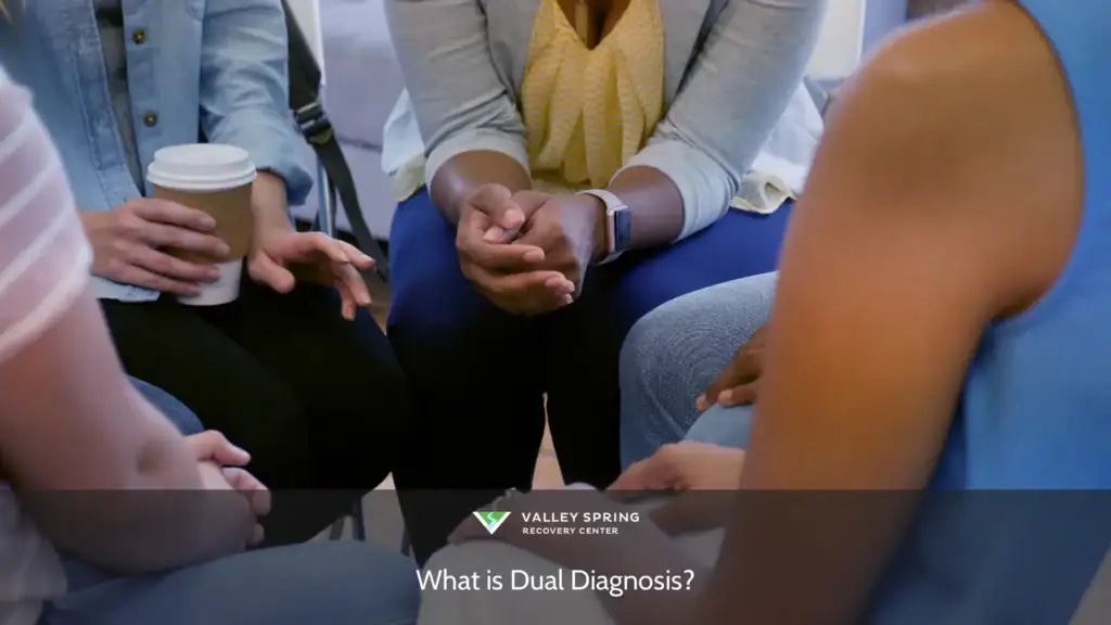 Group members engaged in discussion, hands visible, during a supportive meeting about Dual Diagnosis in a welcoming setting.