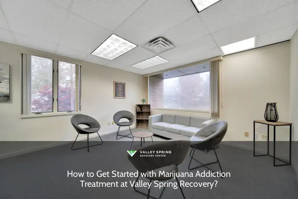 Comfortable therapy room at Valley Spring Recovery featuring a modern grey couch, soft seating, and natural light filtering through large windows.